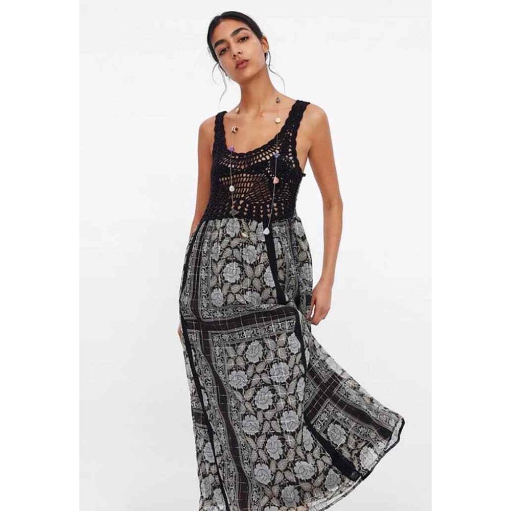 Zara Crochet Metallic Thread Floral Print Midi Dress